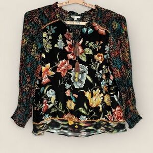 John Mark Top Sz L Mixed Print Animal Print Blouse Floral Tassel Shirring Artsy